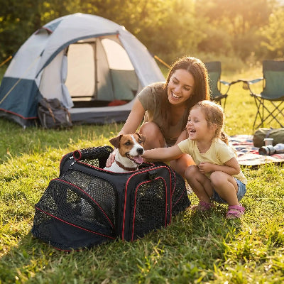 
sac de transport pour chien rouge petit chien mère et fille en camping
