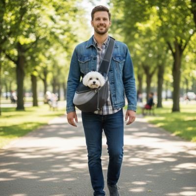 Sac de transport pour Chien style sécurisé gris chien balade avec son maitre au parc
 