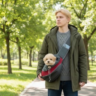 Sac de transport pour Chien style sécurisé rouge chien balade avec son maitre au parc été 
 