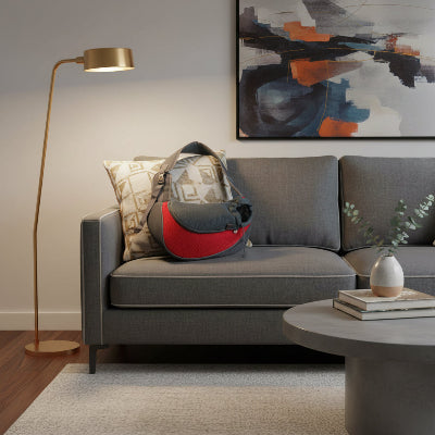 sac de transport pour chien style sécurisé rouge sur sofas salon