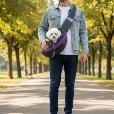 Sac de transport pour Chien style sécurisé violet chien balade avec son maitre au parc 
