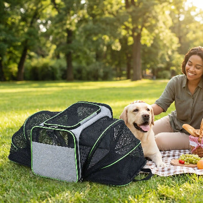 sac de transport pour chien vert maître lui sourit au parc