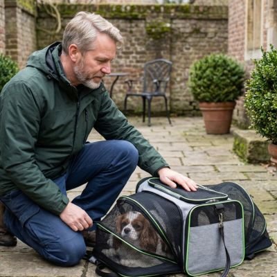 Sac de transport pour Chien vert petit chien dans le sac maître à coté 