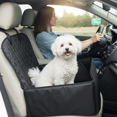 Siege auto pour chien noir stylé à côté de son maître 