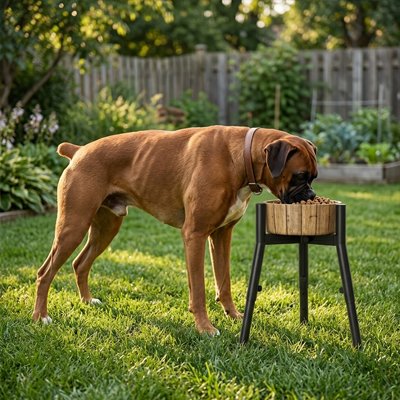 Support gamelle chien sécurisant chien mange sur la pelouse