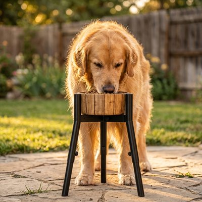Support gamelle chien sécurisant dans une cour