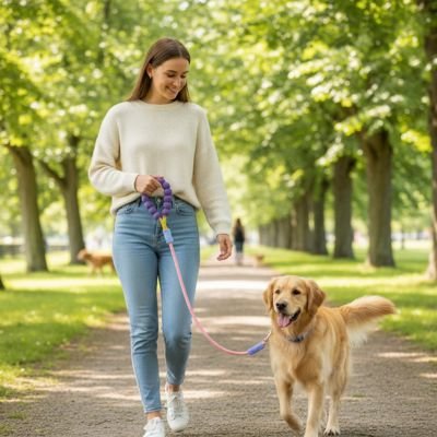 Une laisse pour chien rose marche avec son maitre