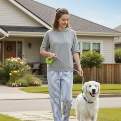 Une laisse pour chien violet devant une maison