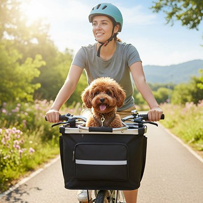 Vélo panier Chien stable et résistant maître sur la route chien en avant 